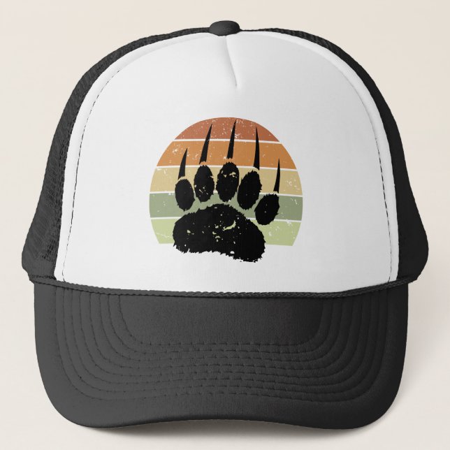 Distressed Black Bear Paw Print Retro Sunset Trucker Hat (Front)