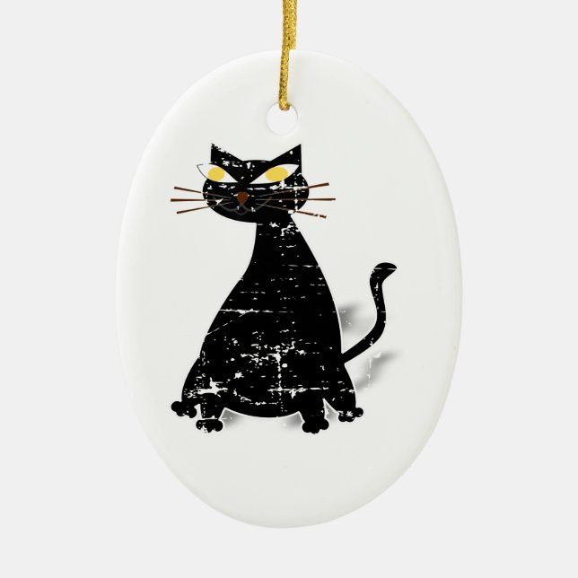 Distressed Black Fat Cat Ceramic Ornament (Front)