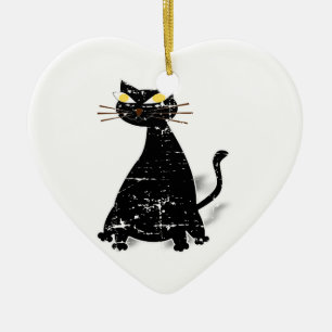 Distressed Black Fat Cat Ceramic Tree Decoration