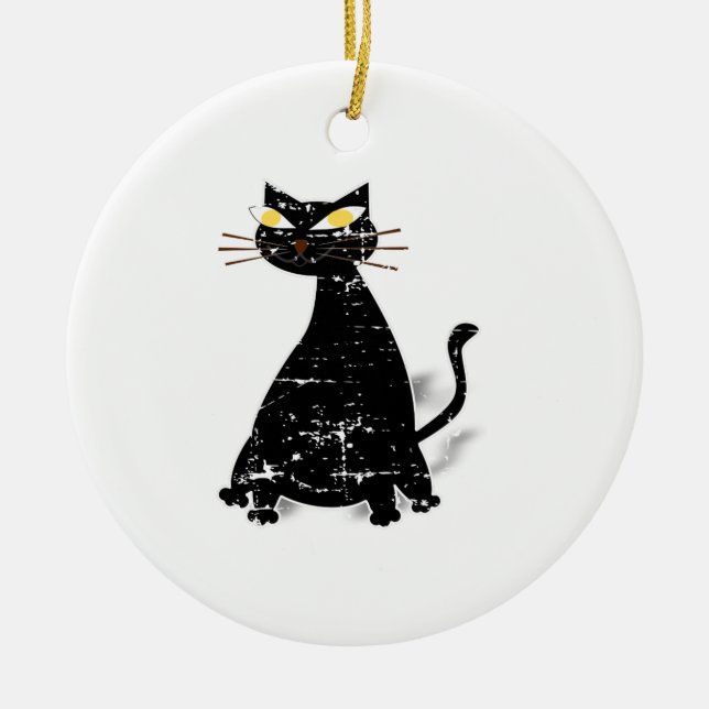 Distressed Black Fat Cat Ceramic Tree Decoration (Front)