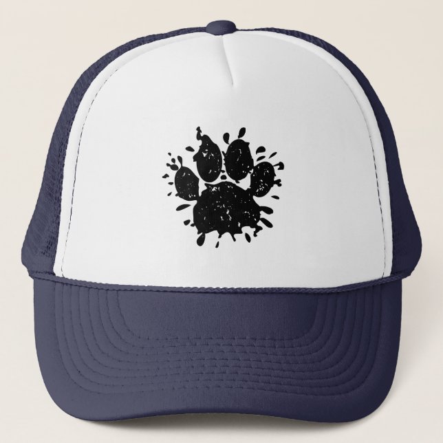 Distressed Black Paint Splatter Dog Paw Print Trucker Hat (Front)