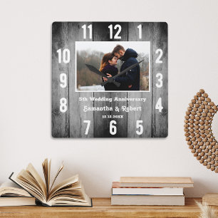 Distressed Black Wood 5 Year Anniversary Photo Square Wall Clock
