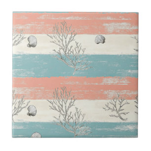 Distressed Blue and Peach Stripes with Sea Shells Ceramic Tile