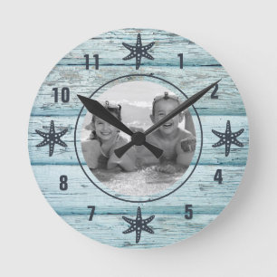 Distressed Blue Beach Wood Starfish Photo Round Clock