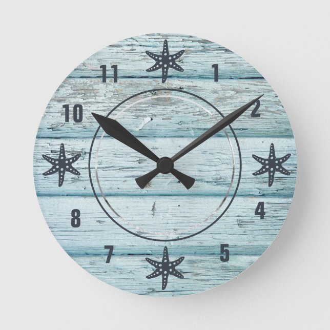 Distressed Blue Beach Wood Starfish Photo Round Clock (Front)