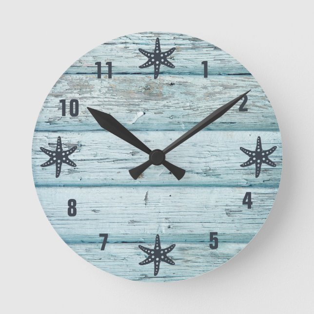Distressed Blue Beach Wood Starfish Round Clock (Front)
