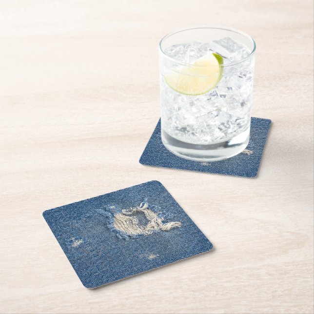 Distressed Blue Denim Fabric Square Paper Coaster (Insitu)