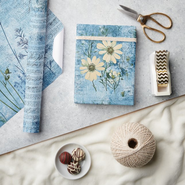 Distressed Blue Florals Pattern  Wrapping Paper (Crafts)