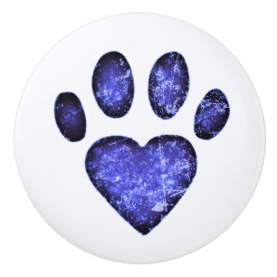Distressed Blue Heart Pawprint Ceramic Knob