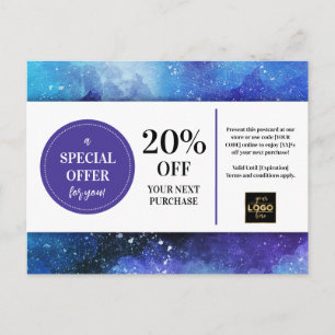 Distressed Blue Purple Watercolor Coupon Discount Postcard