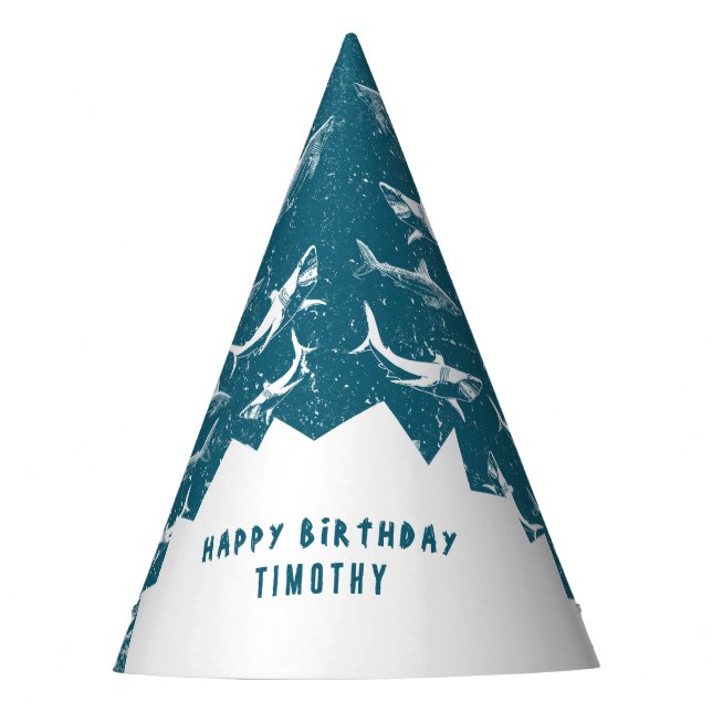 Distressed Blue Shark Boys Birthday Party  Hat (Front)