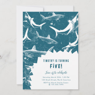 Distressed Blue Shark Boys Birthday Party Invitation