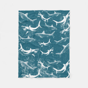 Distressed Blue Shark Pattern Fleece Blanket