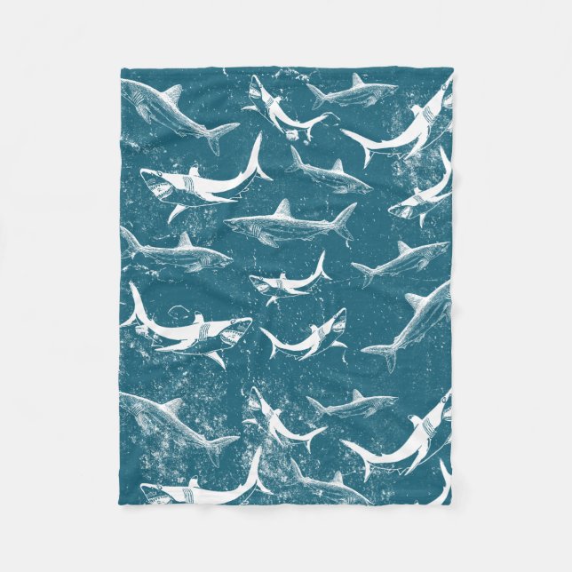Distressed Blue Shark Pattern  Fleece Blanket (Front)