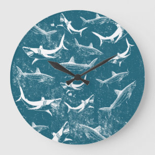 Distressed Blue Shark Pattern Large Clock
