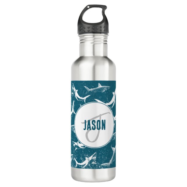 Distressed Blue Shark Pattern Monogram 710 Ml Water Bottle (Front)