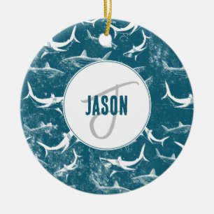 Distressed Blue Shark Pattern Monogram  Ceramic Ornament