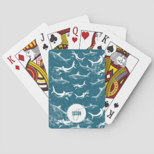 Distressed Blue Shark Pattern Monogram Playing Cards
