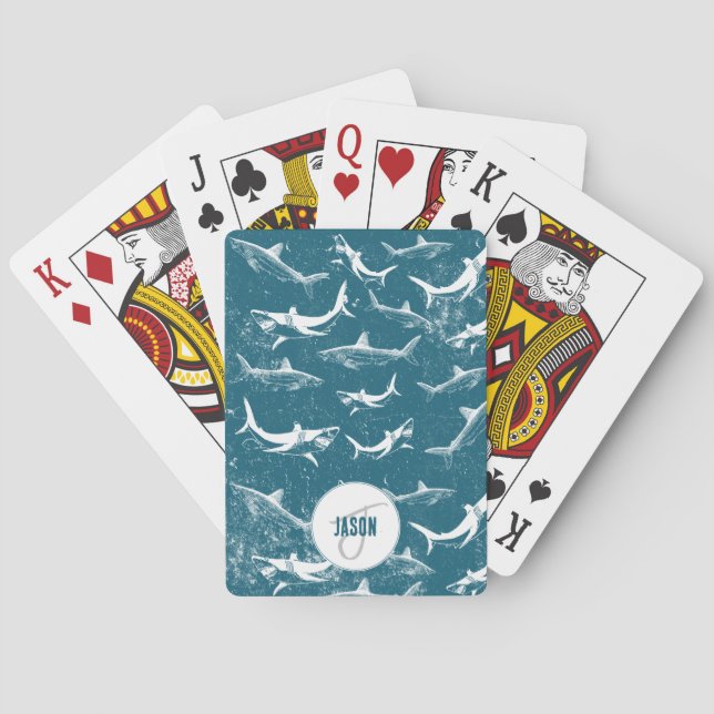 Distressed Blue Shark Pattern Monogram   Playing Cards (Back)