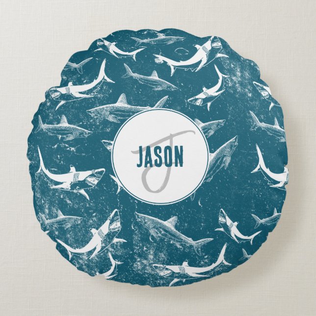 Distressed Blue Shark Pattern Monogram Round Cushion (Front)