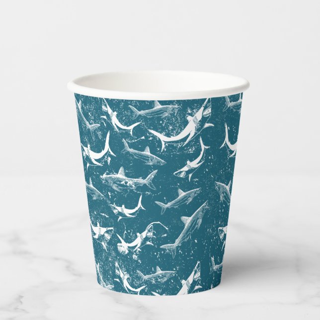 Distressed Blue Shark Pattern  Paper Cups (Front)