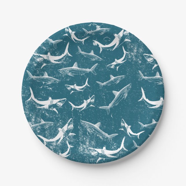 Distressed Blue Shark Pattern  Paper Plate (Front)