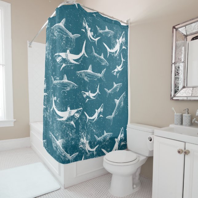 Distressed Blue Shark Pattern Shower Curtain (In Situ)