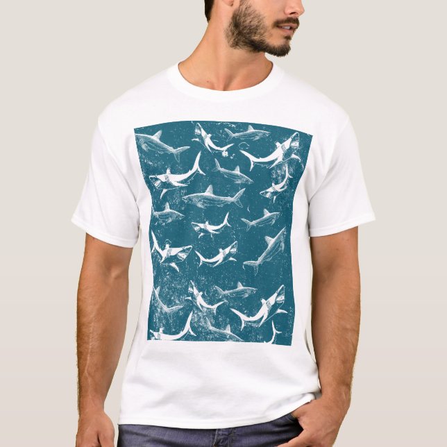 Distressed Blue Shark Pattern  T-Shirt (Front)
