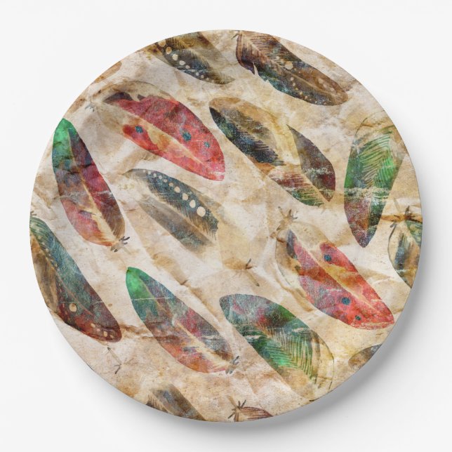 Distressed Boho Feathers Pattern  Paper Plate (Front)