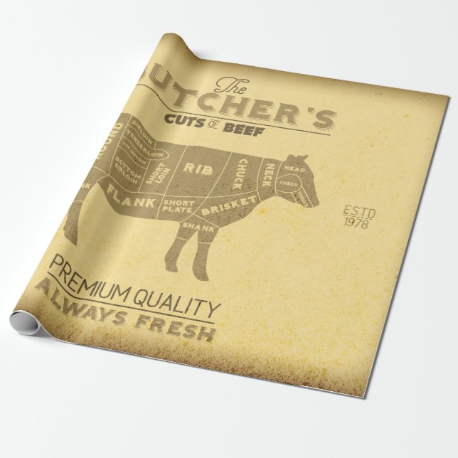 Distressed Butcher Cuts of Beef Cow Diagram Chef Wrapping Paper (Unrolled)