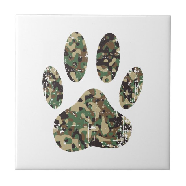 Distressed Camo Dog Paw Print Ceramic Tile (Front)
