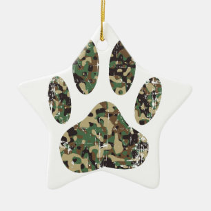 Distressed Camo Dog Paw Print Ceramic Tree Decoration
