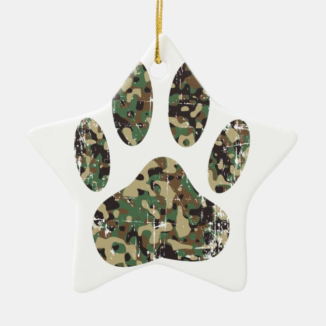 Distressed Camo Dog Paw Print Ceramic Tree Decoration (Front)