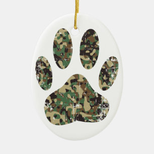 Distressed Camo Dog Paw Print Ceramic Tree Decoration