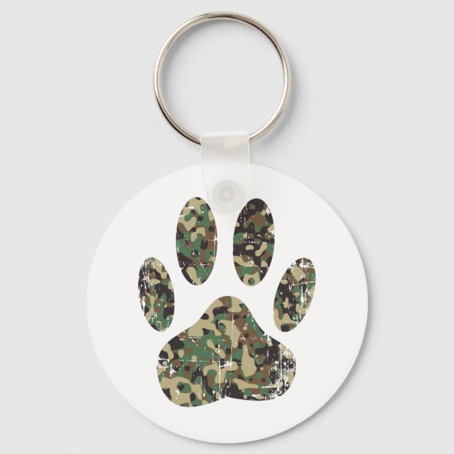 Distressed Camo Dog Paw Print Key Ring (Front)