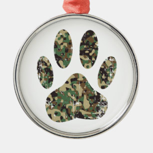Distressed Camo Dog Paw Print Metal Tree Decoration