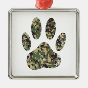 Distressed Camo Dog Paw Print Metal Tree Decoration