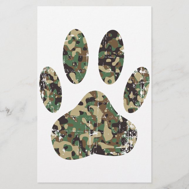 Distressed Camo Dog Paw Print Stationery (Front)