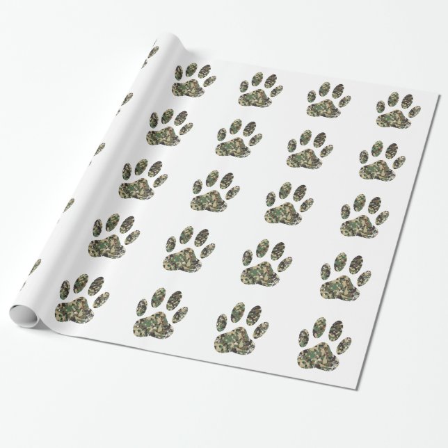 Distressed Camo Dog Paw Print Wrapping Paper (Unrolled)