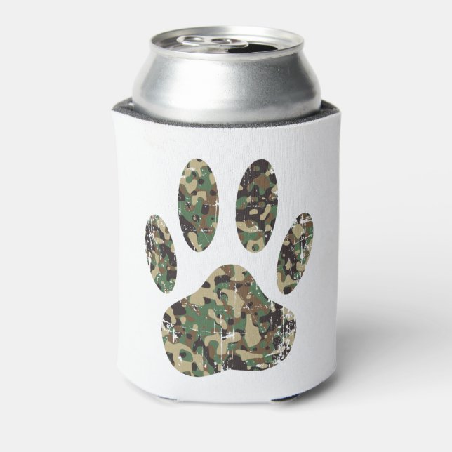 Distressed  Camouflage Dog Paw Print Can Cooler (Can Back)