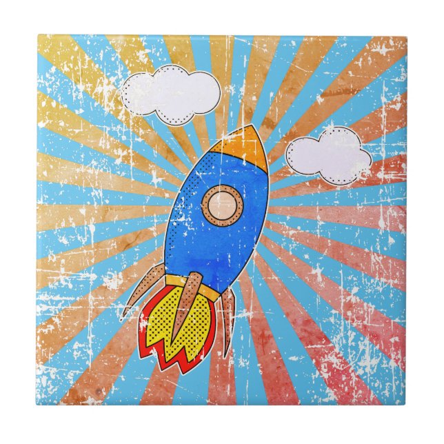 Distressed Cartoon Rocket Retro Sunset Decorative Ceramic Tile (Front)