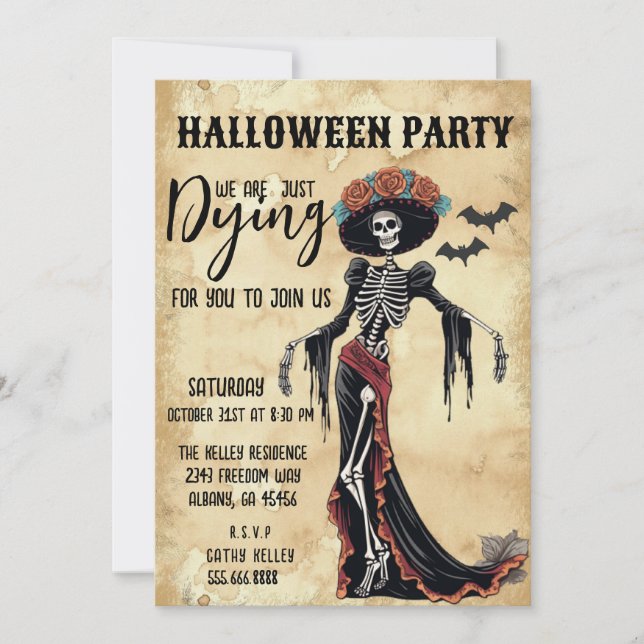 Distressed Catrina Skeleton Halloween Party Invitation (Front)