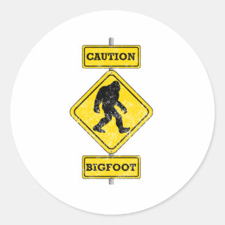 Distressed Caution Bigfoot Classic Round Sticker