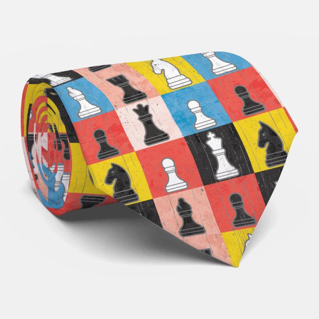 Distressed Chess Pieces Colour Block Chequerboard Tie (Rolled)
