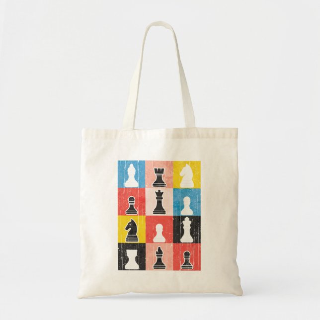 Distressed Chess Pieces Colour Block Chequerboard Tote Bag (Front)