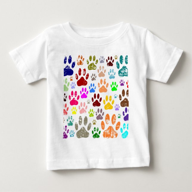 Distressed Colourful Dog Paw Prints Baby T-Shirt (Front)