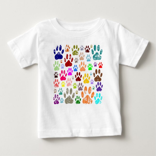 Distressed Colourful Dog Paw Prints Baby T-Shirt (Front)