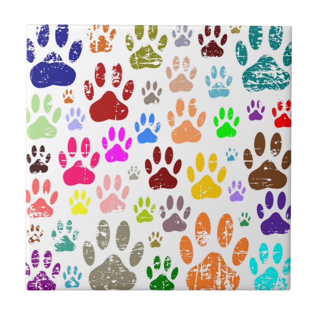 Distressed Colourful Dog Paw Prints Ceramic Tile (Front)