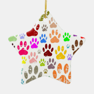 Distressed Colourful Dog Paw Prints Ceramic Tree Decoration