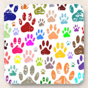 Distressed Colourful Dog Paw Prints Coaster
